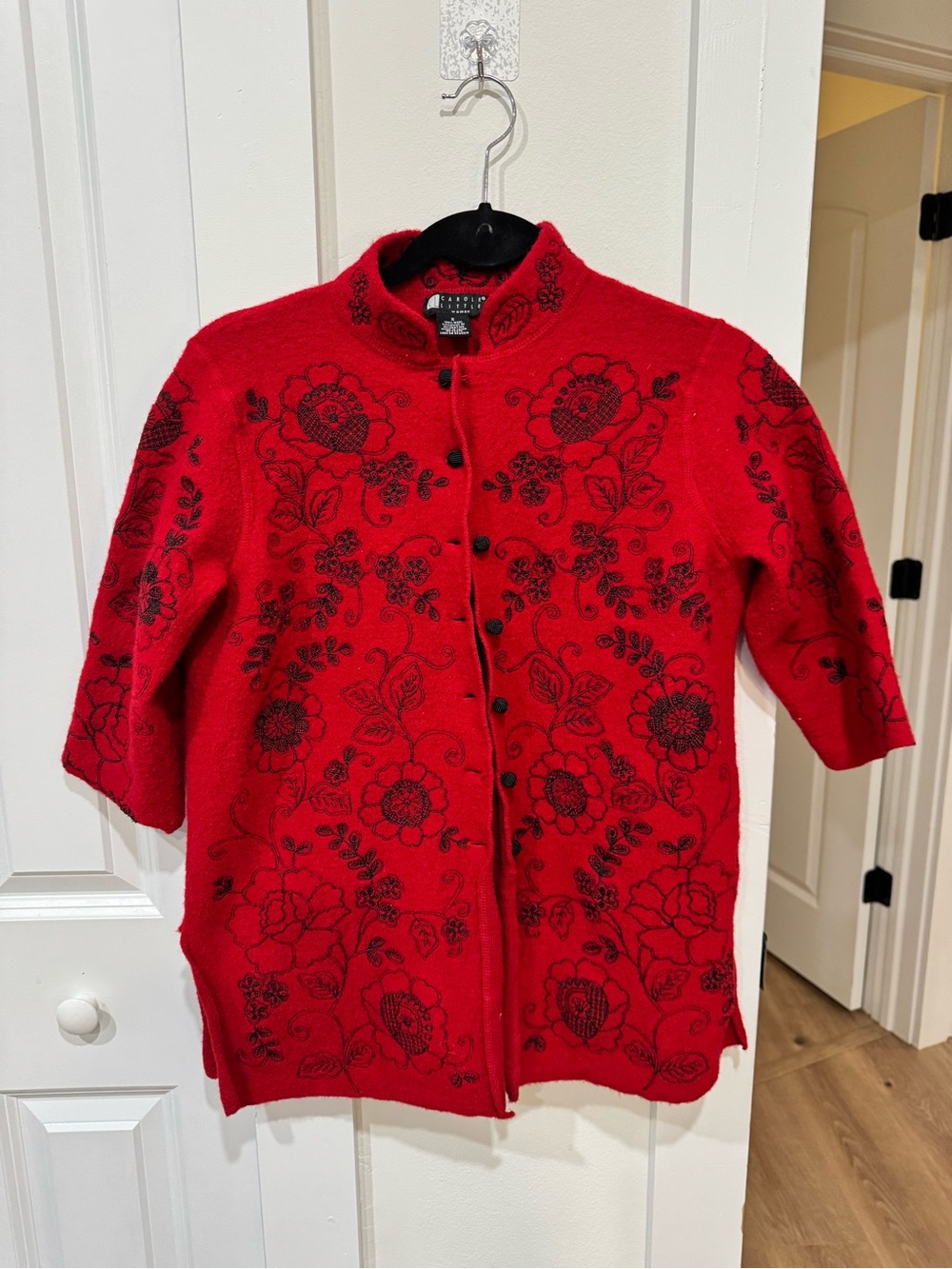 100% Wool Carole Little Red Floral Embroidered Button-Front Jacket
